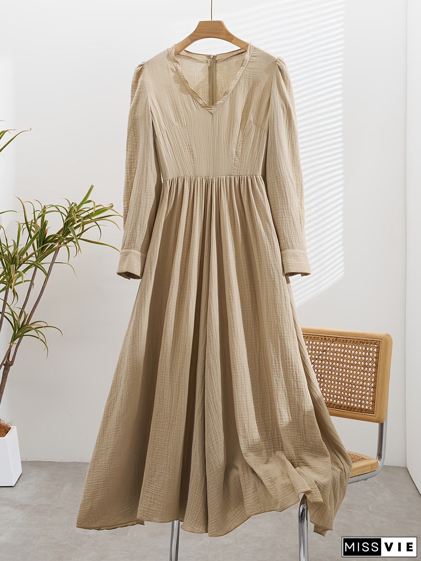 Vintage Charm, Women&lsquo;s Bohemian Style Solid Color Casual Maxi Dress - Deep V-Neck, Long Sleeve with Side Slit and Ruffle Hem, Linen Fabric, Perfect for Spring/Summer/Fall