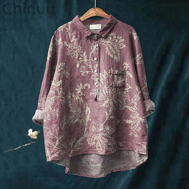 Vintage Vine Floral Print Cotton Linen Shirt