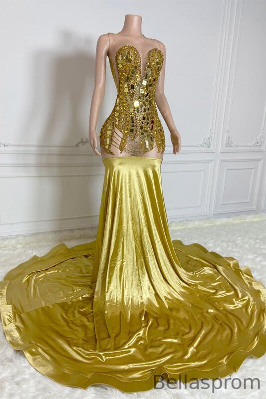 Bellasprom Gold Scoop Mermaid Prom Dress With Beadings Sleeveless Online Bellasprom