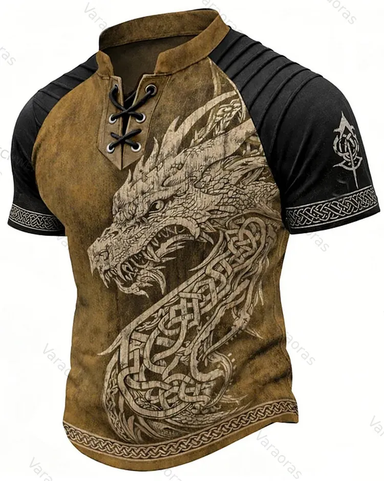 Men's Viking Fantasy Dragon Print Short-Sleeve Henley T-Shirt 1232