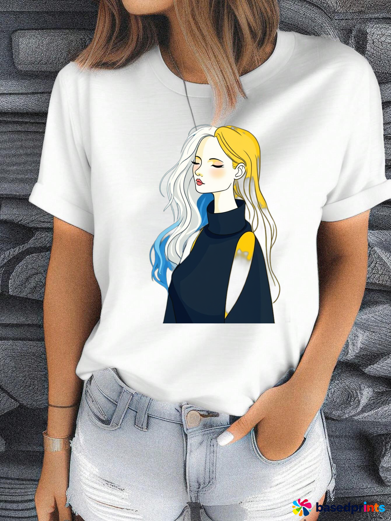 Fashionable White T-Shirt with Cute Cartoon Girl Print