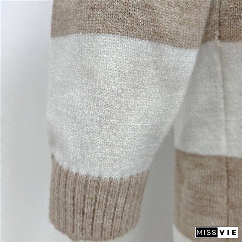 Loose-Fitting Color Block Long Knit Cardigan Sweater