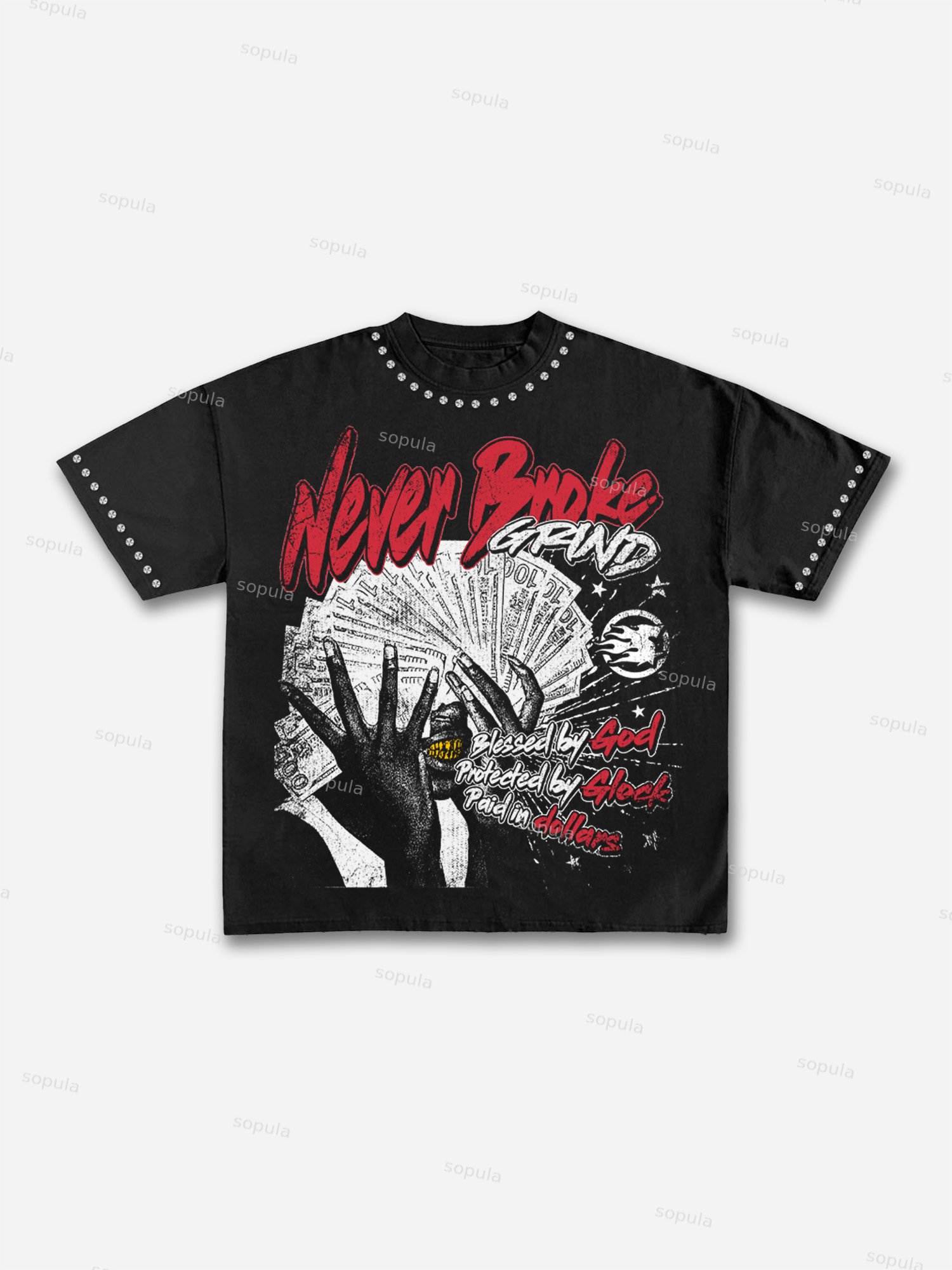 Never Broke God Glock Dollar Vintage Rhinestone Graphic Cotton T-shirt