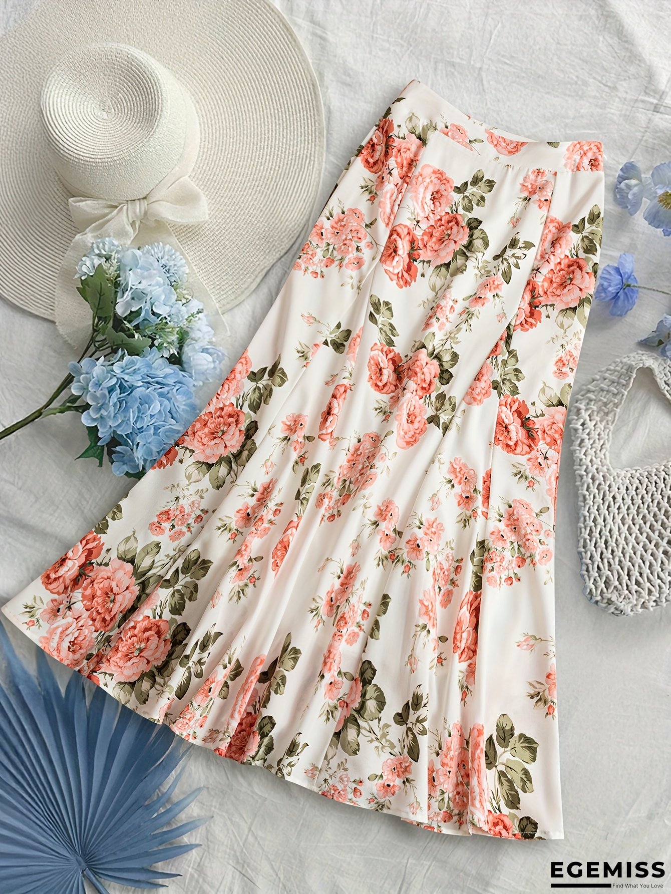 Women's White Floral Print Mermaid Maxi Skirt - Soft, Flowy Vacation Style With Pink & Peach Flower Design, Machine Washable, Perfect For Spring & Fall Casual Or Stylish Outfits, Vacation Skirt | Flowy Maxi Skirt | Mermaid Hem, Mermaid Skirt | EGEMISS