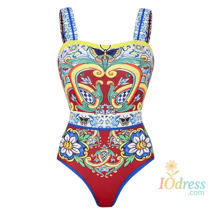 IO Dress 2024 Vintage Pattern Printed One Piece Swimsuit Swimwear Bikini Set Women Beachwear Clearance