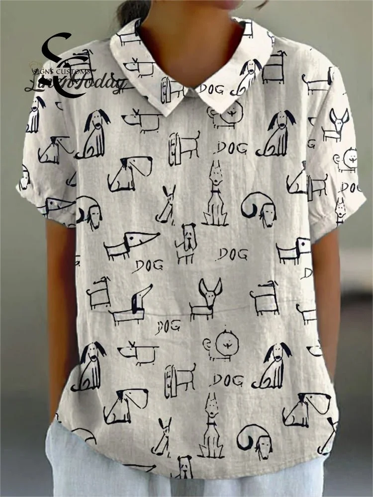 Women's Cute Dog Print Casual Cotton And Linen Shirt