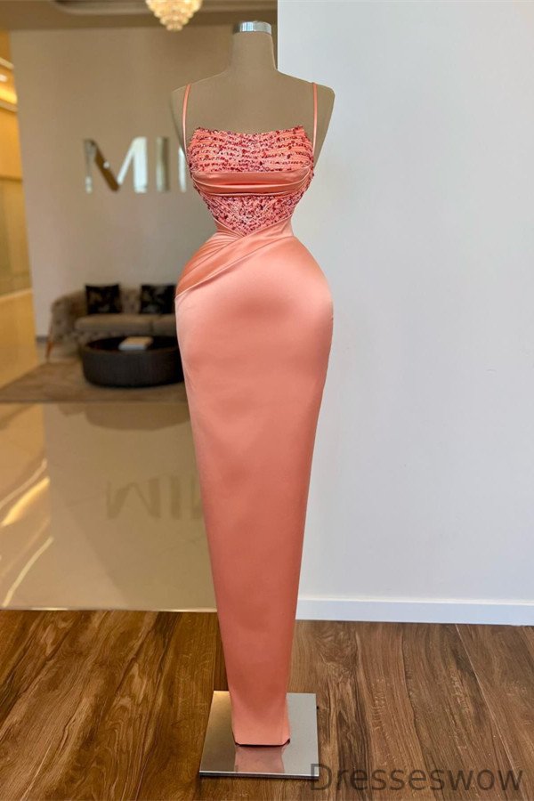 Dresseswow Coral Spaghetti-Straps Prom Dress Mermaid Long With Beads