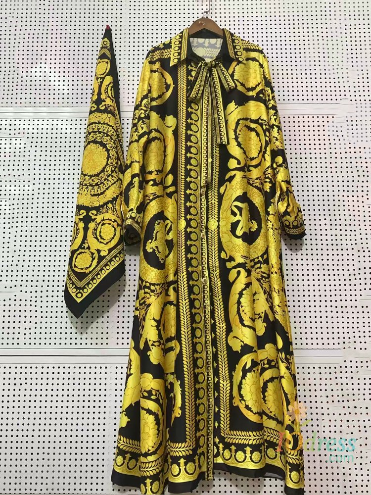 IO Dress 2025 Spring women's Shirt Dress Vintage geometric print lapel lace-up single breasted dress Loose pompadour skirt + silk scarf