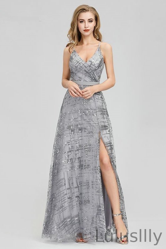 Chic V-Neck Sequins Prom Dress Long Split Evening Party Gowns Online - lulusllly