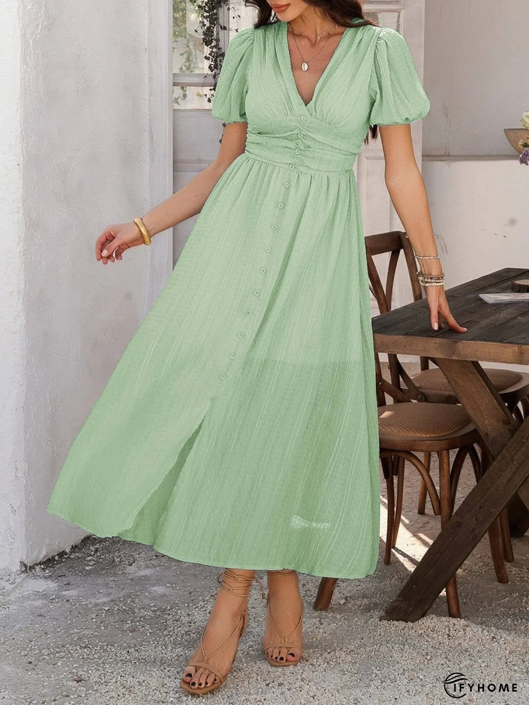 Devine V-Neck Puff Short Sleeve Midi Dress | IFYHOME