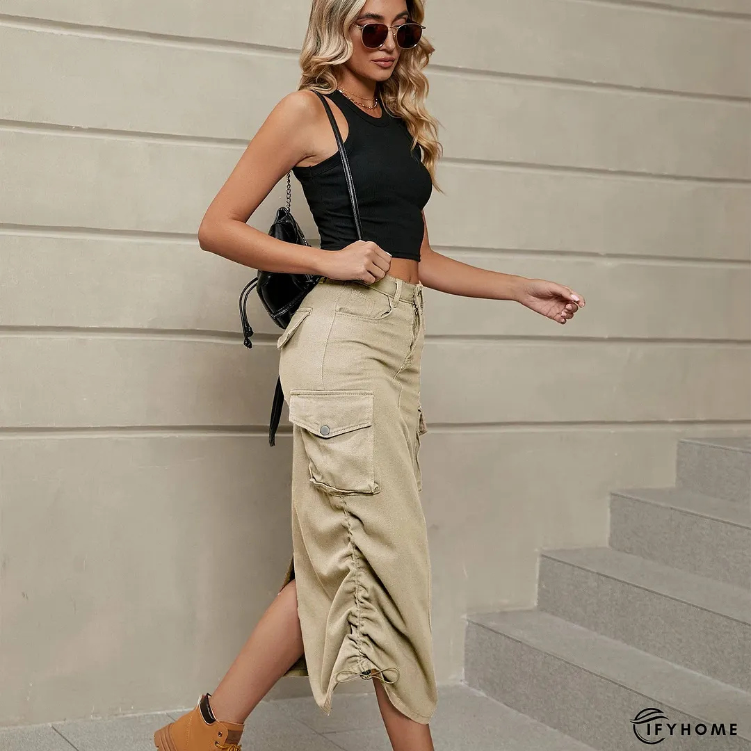 Drawstring Ruched Slit Denim Midi Skirt | IFYHOME