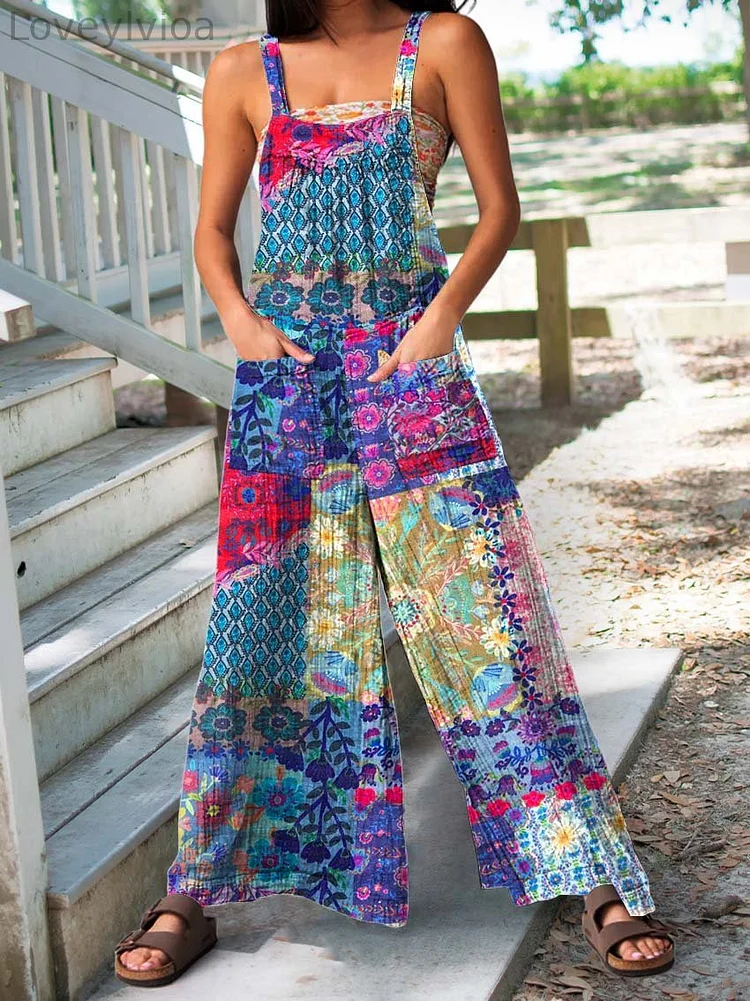 Women's Vintage Country Flowers Print Casual   Wide Leg Jumpsuit