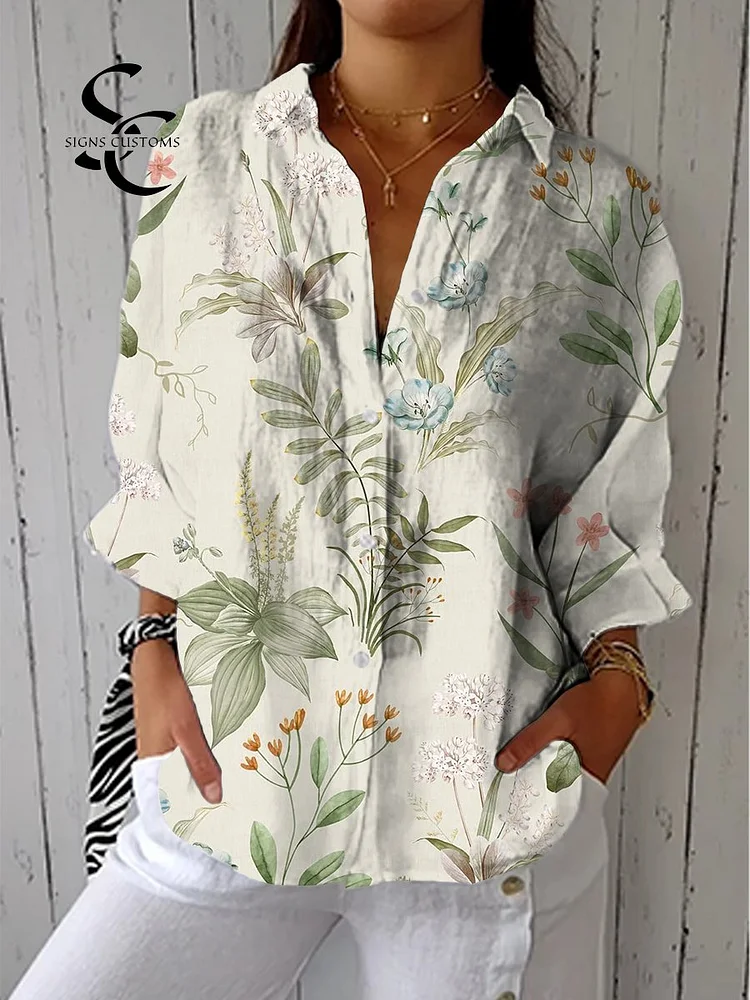 Women's Vintage Art Flower Print Casual Linen V-neck Shirt