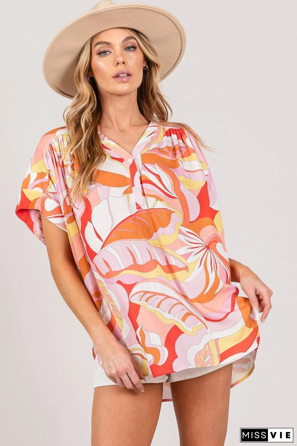 SAGE + FIG Abstract Print Half Button Blouse