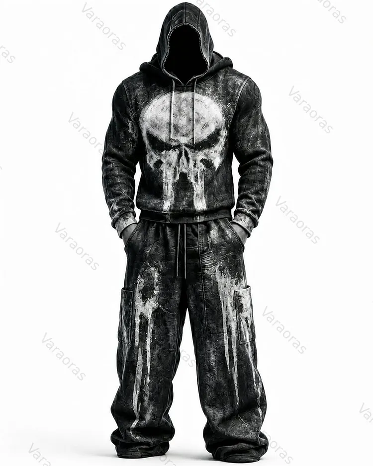 Men's Fashion Skull Contrast Color Embroidered Hoodie & Pants Two-Piece Set 7105