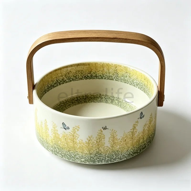 Multi‑Purpose Ceramic Storage Basket with Wooden Handle, Decorative Bowl for Small Fruits, Snacks, Cookies & Daily Household Sundries eltralife