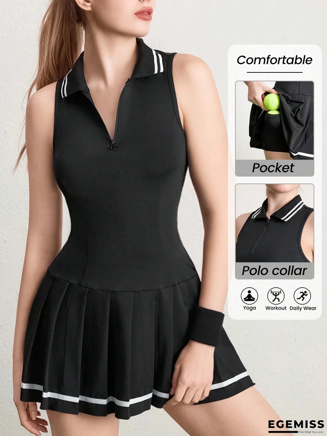 Women's Tennis & Golf Dress - Athletic Two-In-One Workout Dress With Built-In Shorts & Bra Pocket, Sleeveless Collar, Half-Zip Closure - Moisture-Wicking Fabric For Gym, Running, Tennis - Black Sportswear | EGEMISS