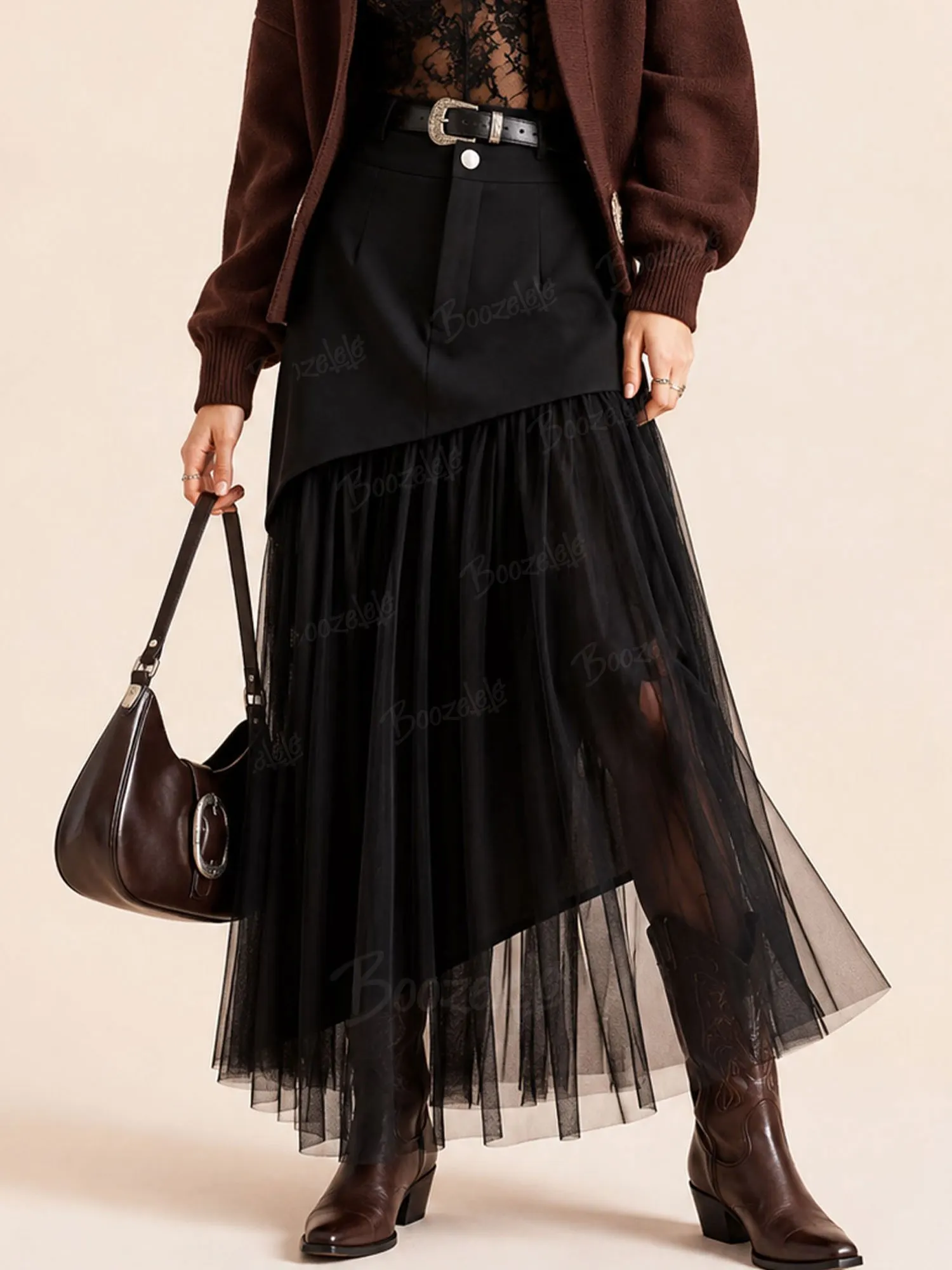 Perfect for Modern Western Parties &mdash; 2026 S/W, Women&rsquo;s, Classic Black, Asymmetrical Tulle-Panel, High-Waist Fitted Maxi Skirt