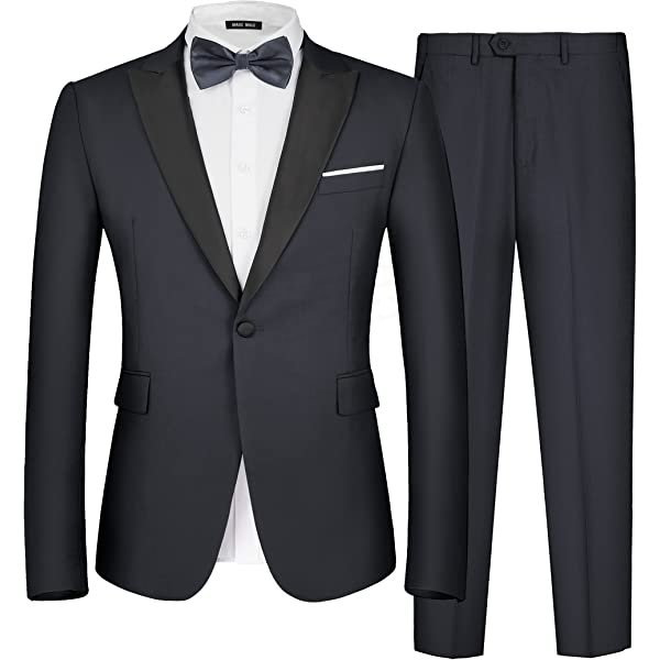 MAGE MALE Men's 2 Piece Suit One Button Slim Fit Formal Wedding Prom Tuxedo Suits Blazer Pants with Bow Tie Set Small Black-peak Lapel-1 amazon James Yang