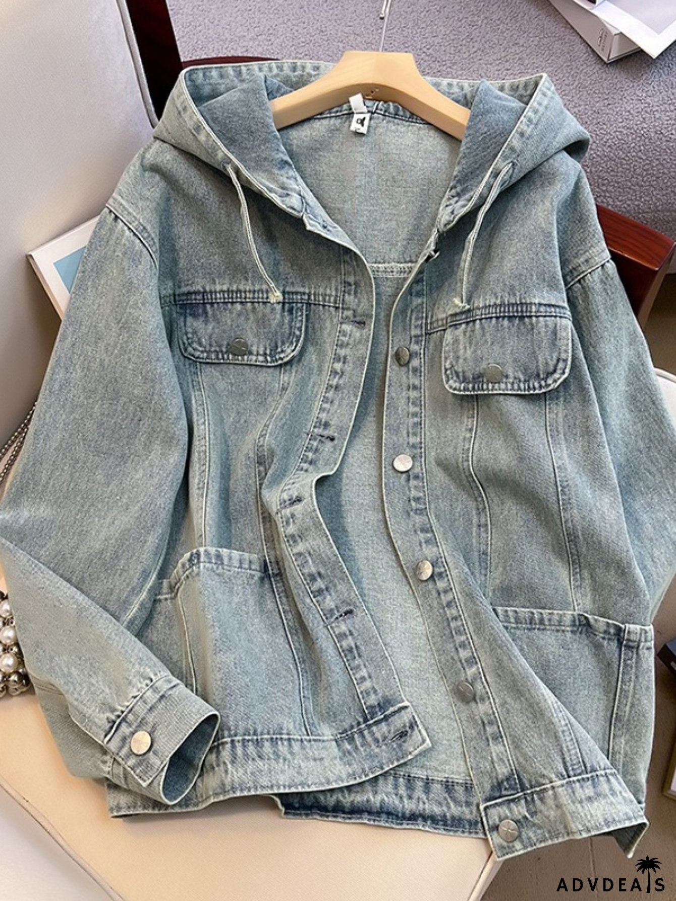 Women&lsquo;s Retro Hooded Denim Jacket - Light Relaxed Fit Full-Zip Coat with Full-Length Zipper Front, Mid-Stretch Denim Fabric & Classic Collar | Spring/Autumn Casual Outerwear | Plus-Sized Friendly, Versatile Everyday Jacket for Jeans Dresses (Single-