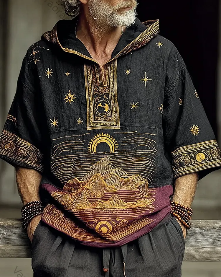 Men's Summer Fashion Linen Short-Sleeve Top with Star and Moon Embroidery 1771