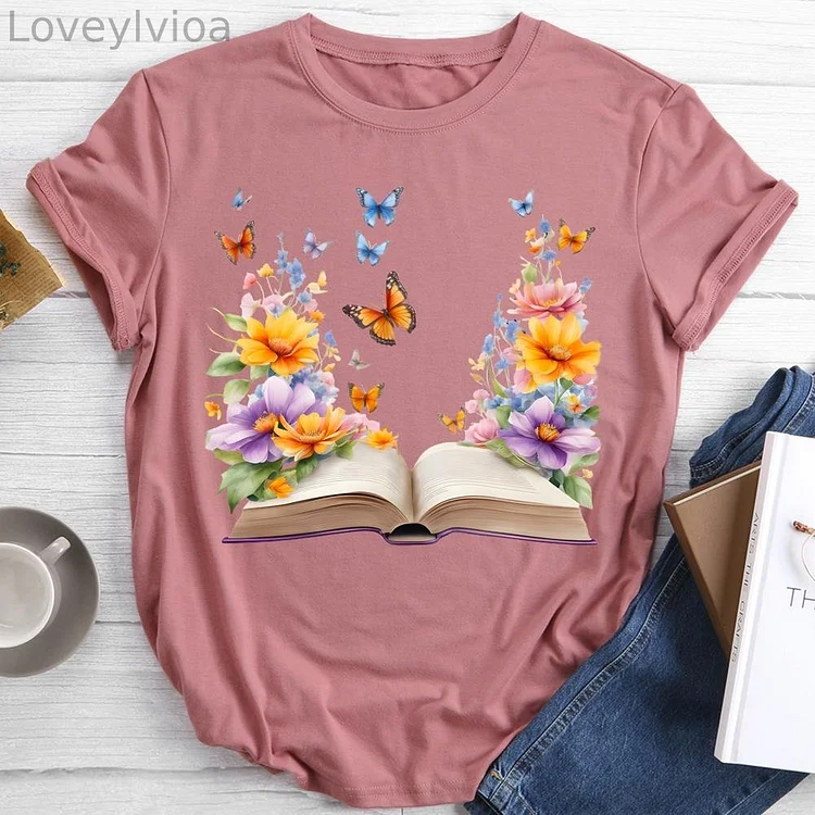 Butterfly Flower Book Round Neck T-shirt-0019663