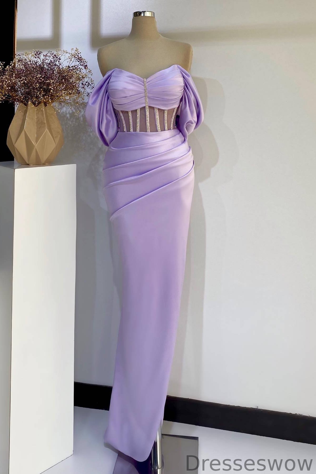 Dresseswow Lilac Off-the-Shoulder Sweetheart Sleeveless Mermaid Evening Dress With Beadings
