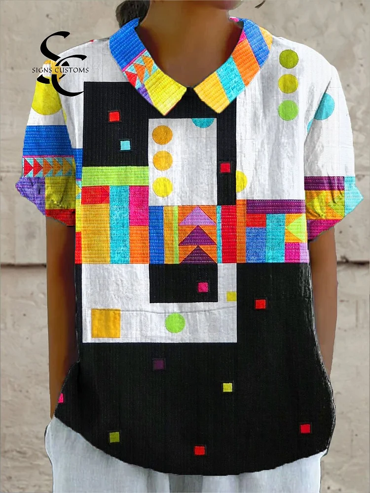 Women's Colorful Geometric Abstract Art Print Casual Cotton And Linen Shirt