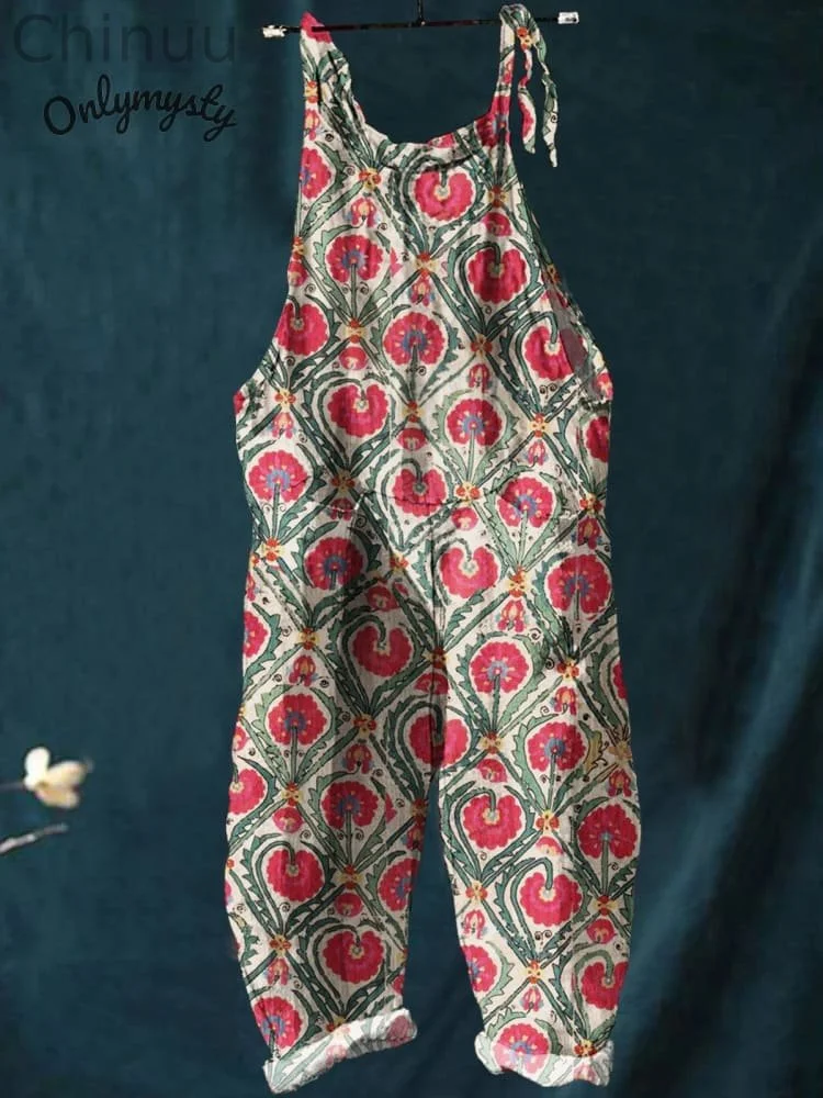 Women's  Flower  Art  Print Casual 100% Cotton Wide Leg Jumpsuit