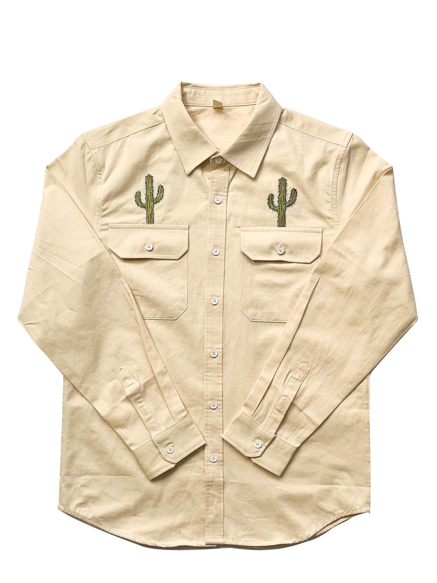 【Embroidery】Cactus Embroidery - 100% Cotton Long-Sleeved Shirt