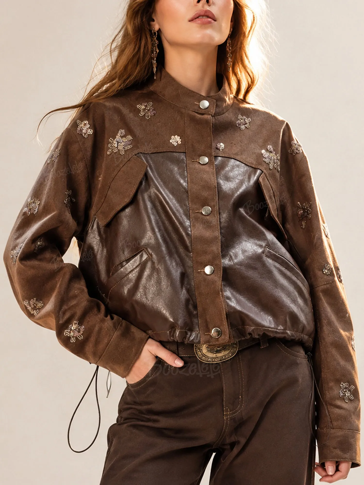 Perfect for an Autumn Sunset Music Festival &mdash; Retro Brown Sequin Embellished Color-Block Design Faux Suede 2026 Fall Women's Western Vintage Jacket