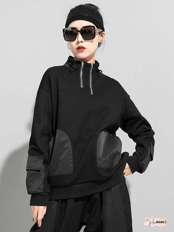 Casual Long Sleeves Loose Solid Color Zipper High-Neck Sweatshirt Tops