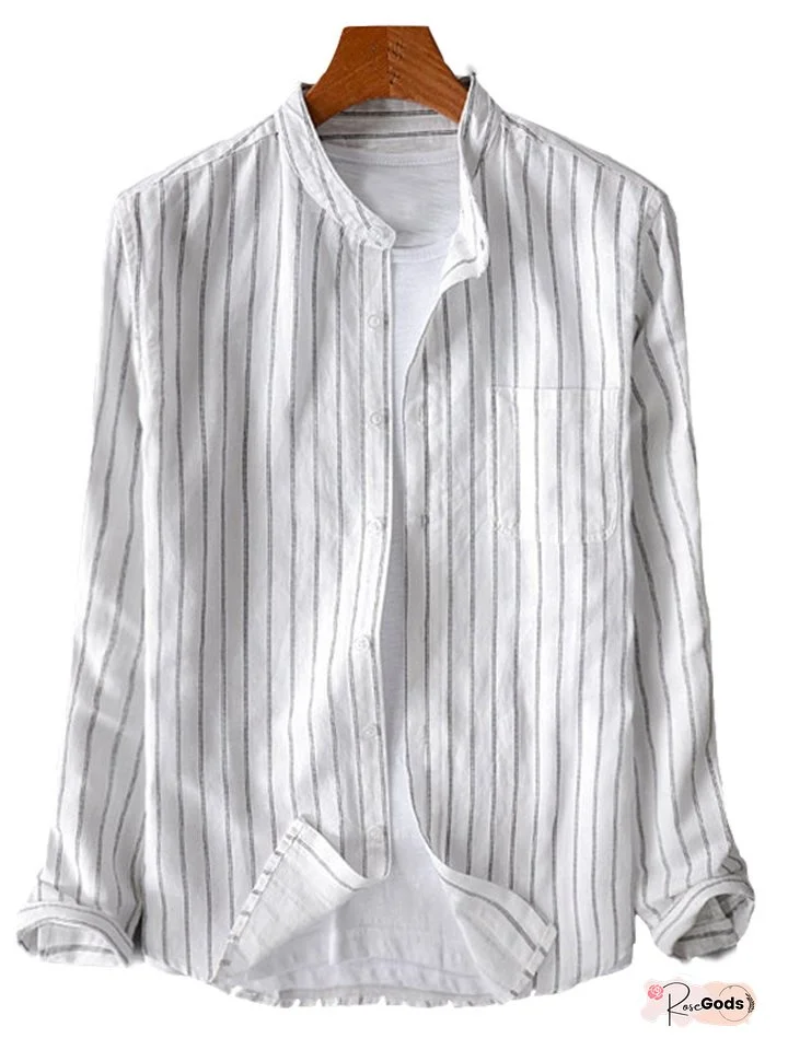 Men's Summer Shirt Beach Shirt Black White Gray Long Sleeve Striped Stand Collar Spring & Fall Street Daily Clothing Apparel Button-Down