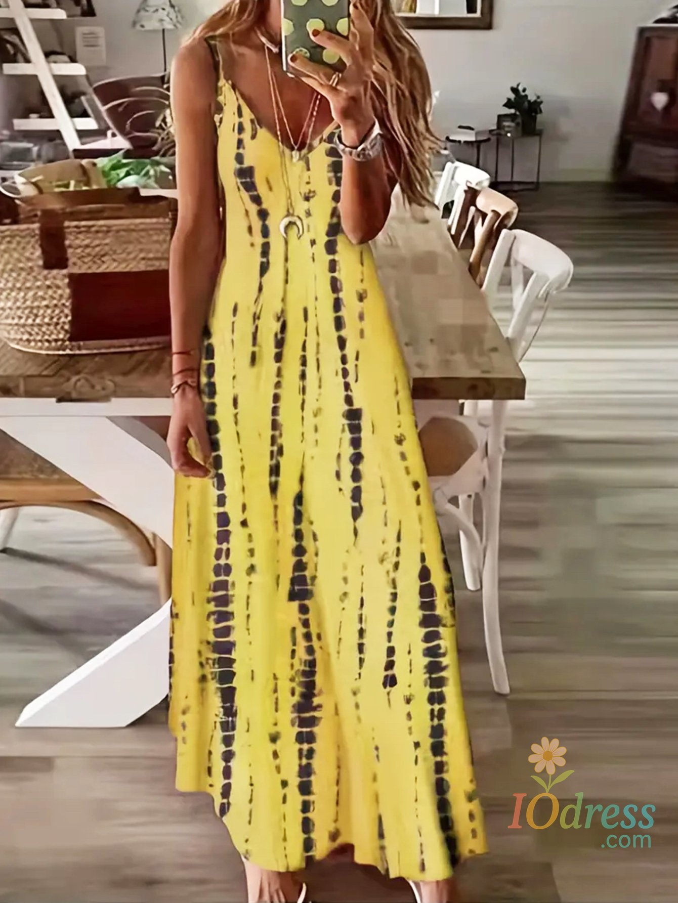 IO Dress Women's Casual Loose V-neck Tie Dye Printed Spaghetti Maxi Dress Summer Beach Vacation Long Dress