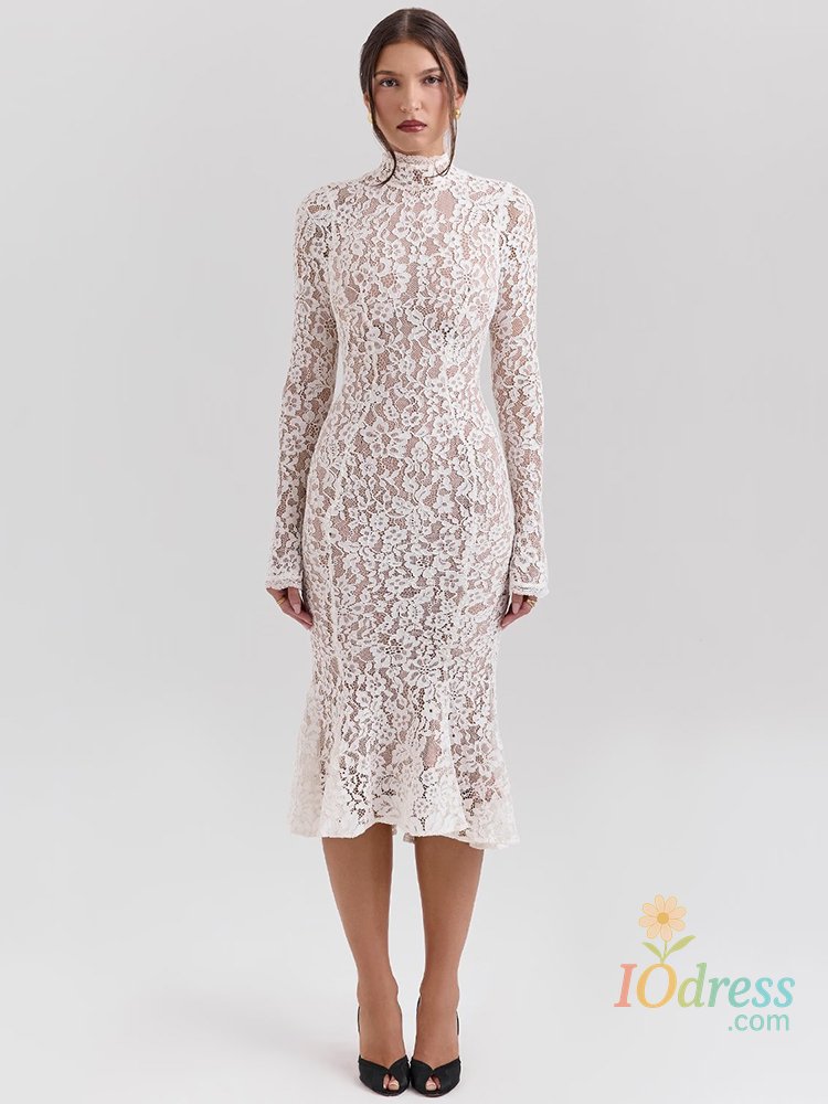 IO Dress Mozision Lace Long Sleeve Sexy Midi Dress For Women Elegant White Half High Collar High Waist Bodycon Club Party Sexy Long Dress IO Dress