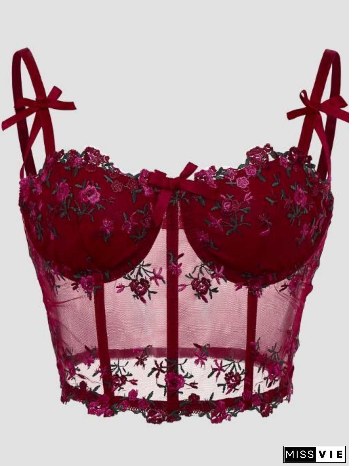 Elegant Red Floral Lace Corset Top with Sheer Embroidery & Butterfly Knot Detail - Fishbone Breasted, Bow-Accented Straps, Machine Washable - Women's Lingerie