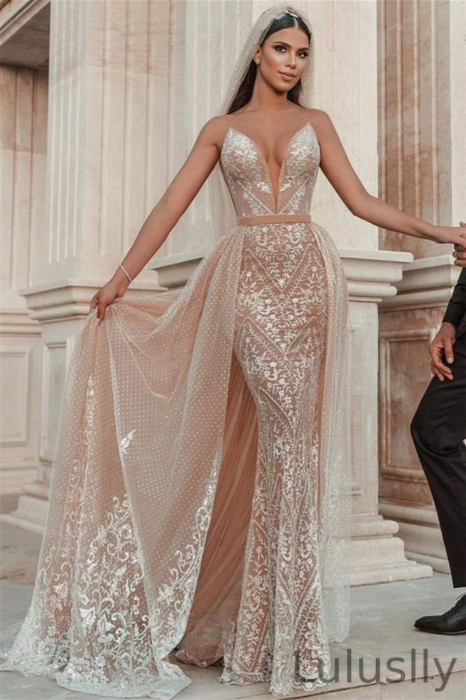 Luluslly Spaghetti-Straps Mermaid Wedding Dress With Appliques Ruffles