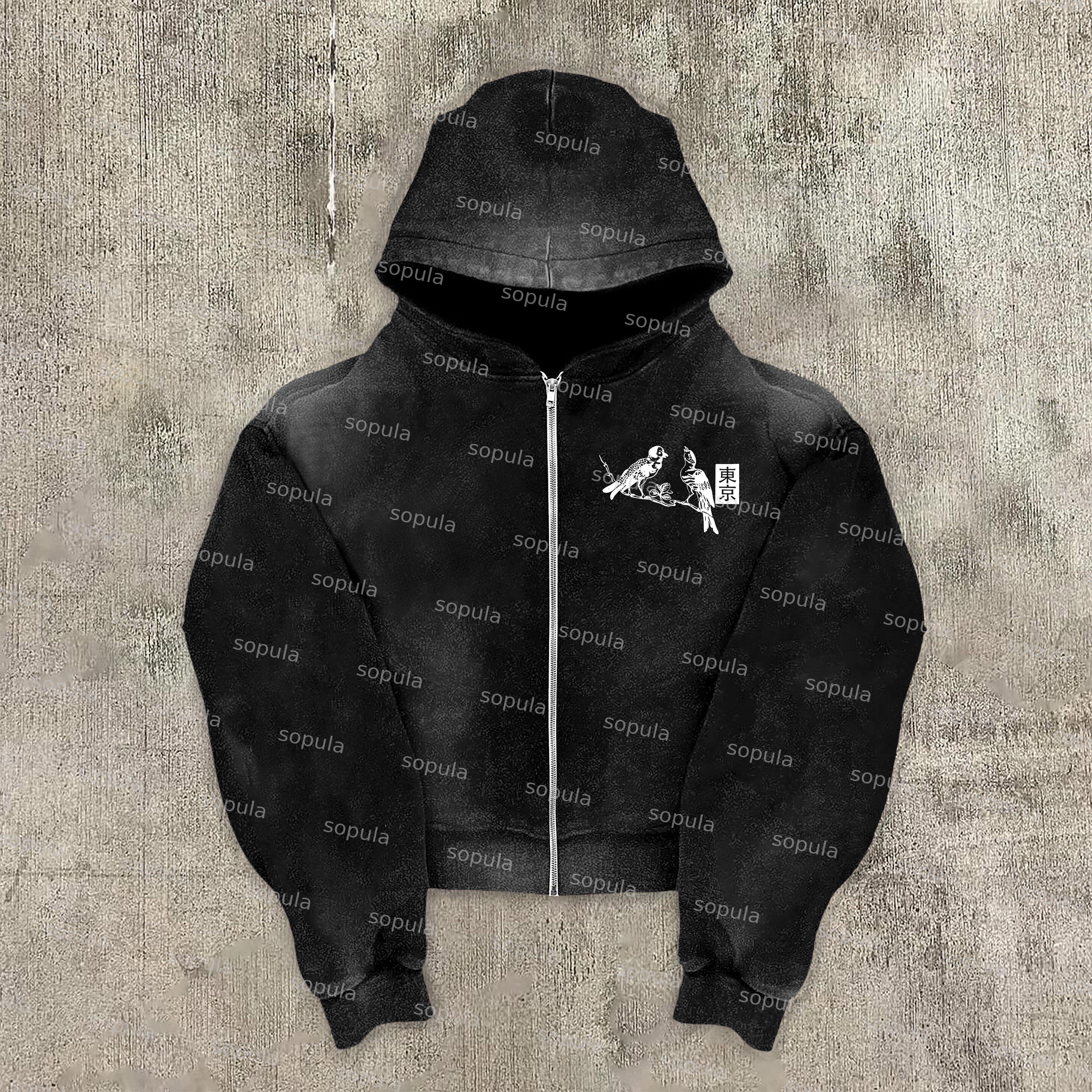Vintage Tokyo Graphics Acid Washed Oversized Zip-up Hoodie