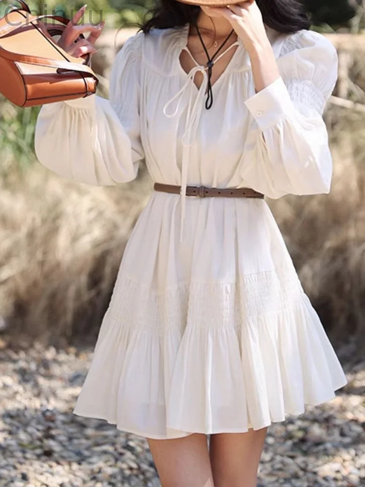 White V-neck Long-sleeved Dress