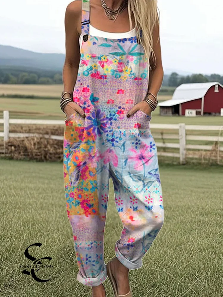 Women's  Patchwork Floral Art Print Casual 100% Cotton Wide Leg Jumpsuit