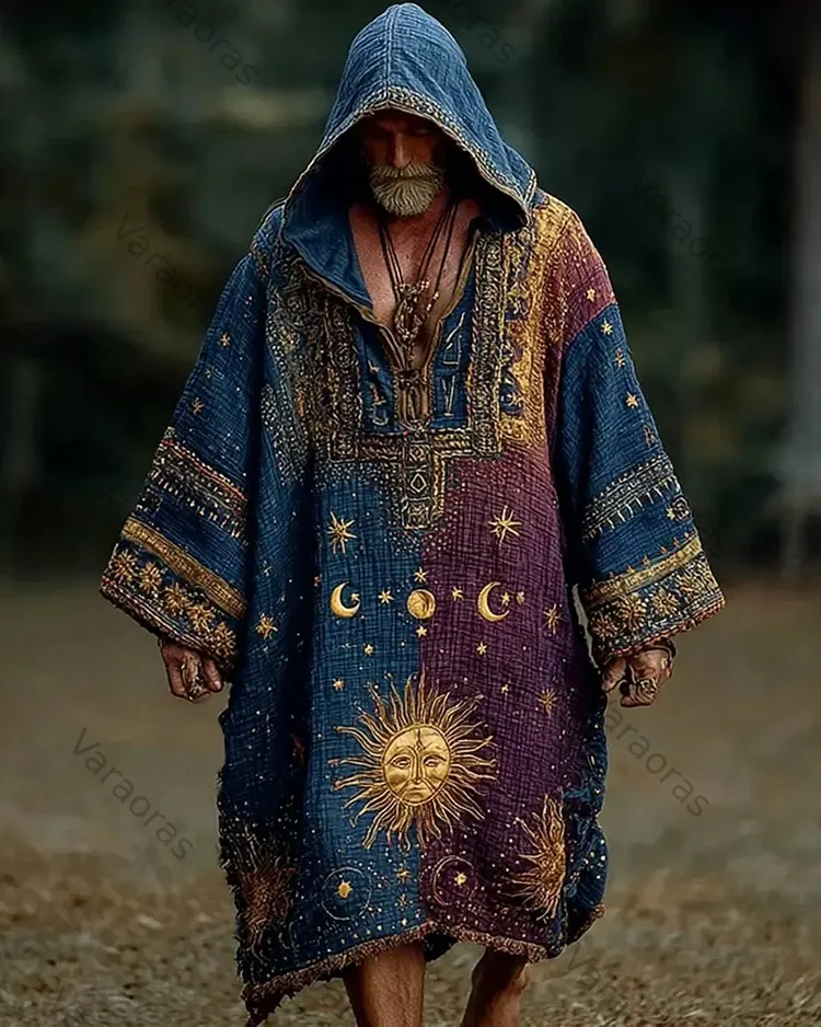 Men's Summer Star and Moon Embroidery Color Block Linen Hooded Kaftan 6564