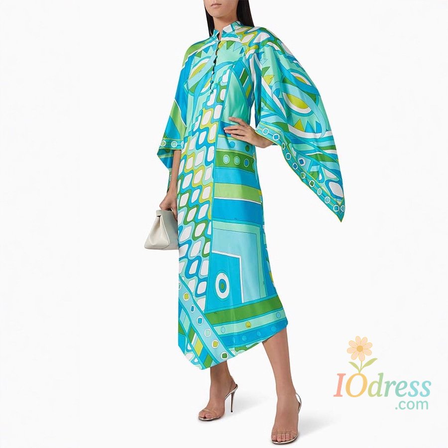 IO Dress Green Pattern Printed Women's Dress Vacation Irregular Casual Loose Flare Long Sleeve Party Stand Collar High Waist Office Dress