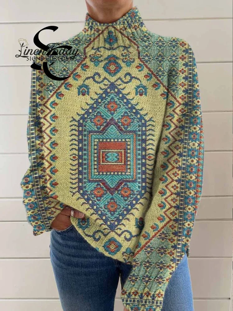 Women's Vintage Ethnic Floral Art Print Knit Turtleneck Pullover Sweater