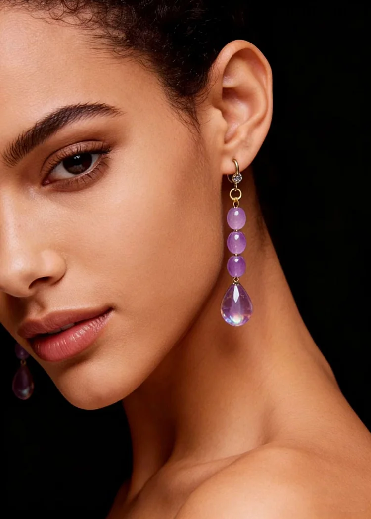 Women Light Purple Droplet Shape Crystal Drop Earrings