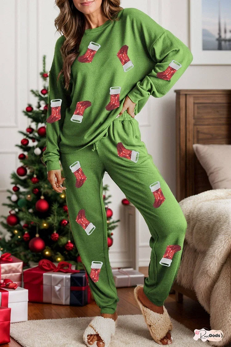 Sequin Socks Round Neck Long Sleeve Top and Pants Lounge Set