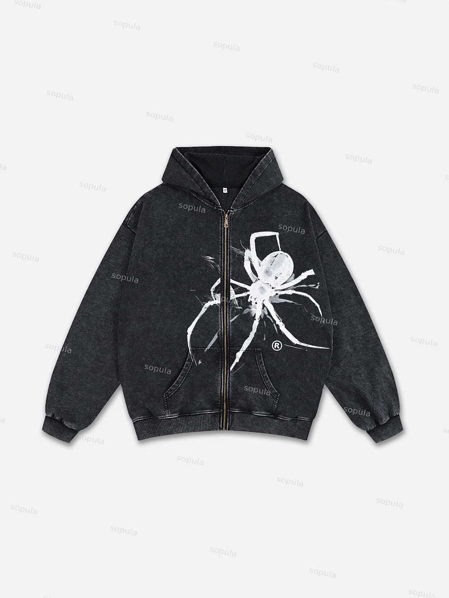 Sopula Relaxed Vintage Spider Graphic Acid Washed Oversized Zip-Up Hoodie