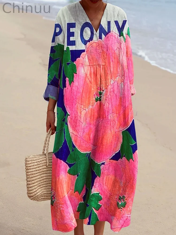 Women's Vintage Floral Art Print Flowy Dress