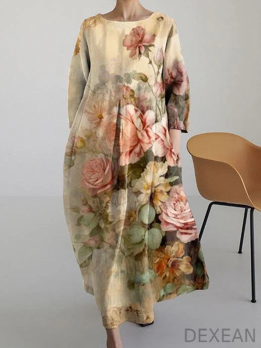 Retro Chic Old Floral Print Long Sleeve Midi Dres
