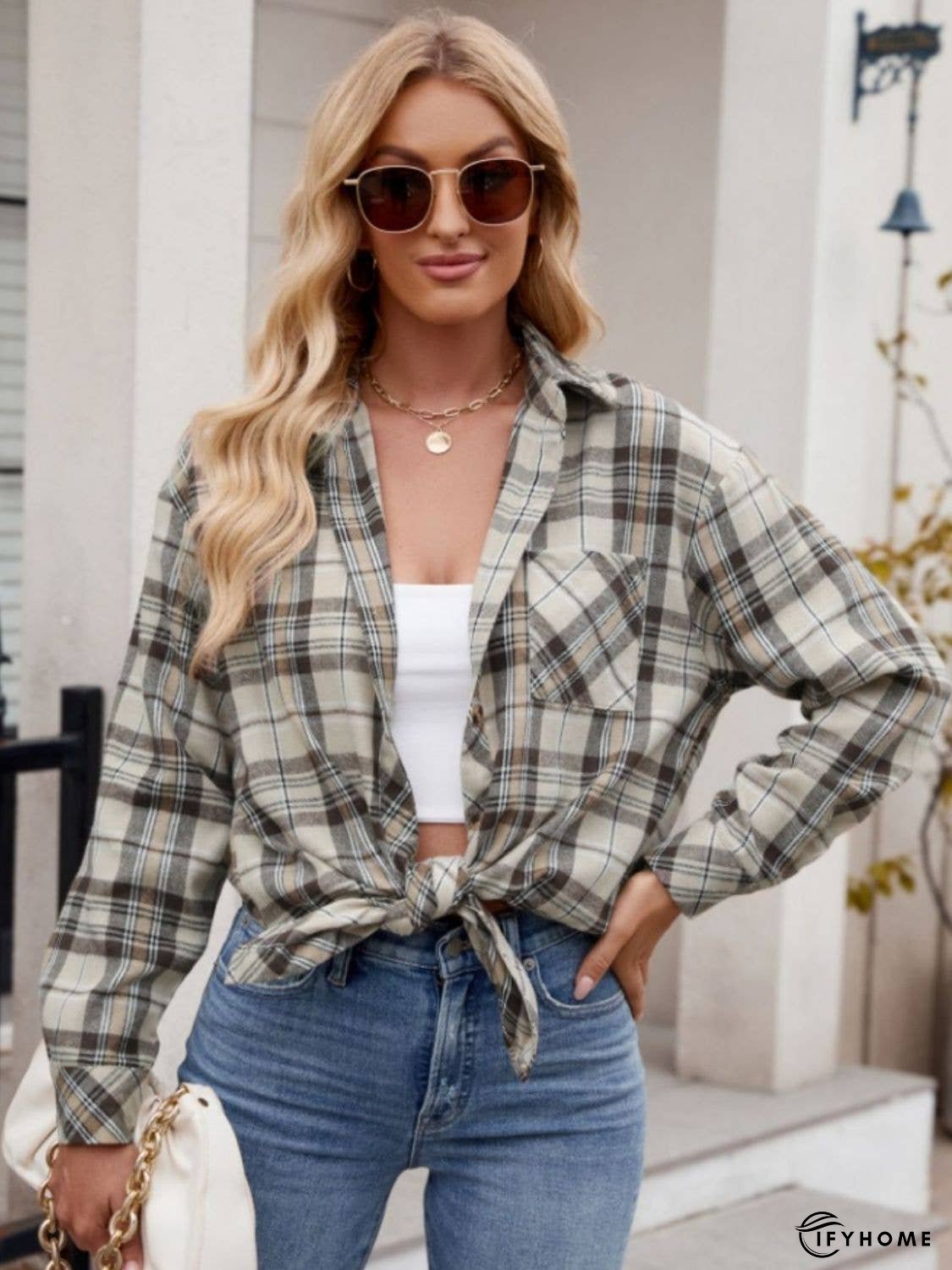 Pocketed Plaid Collared Neck Long Sleeve Shirt | IFYHOME