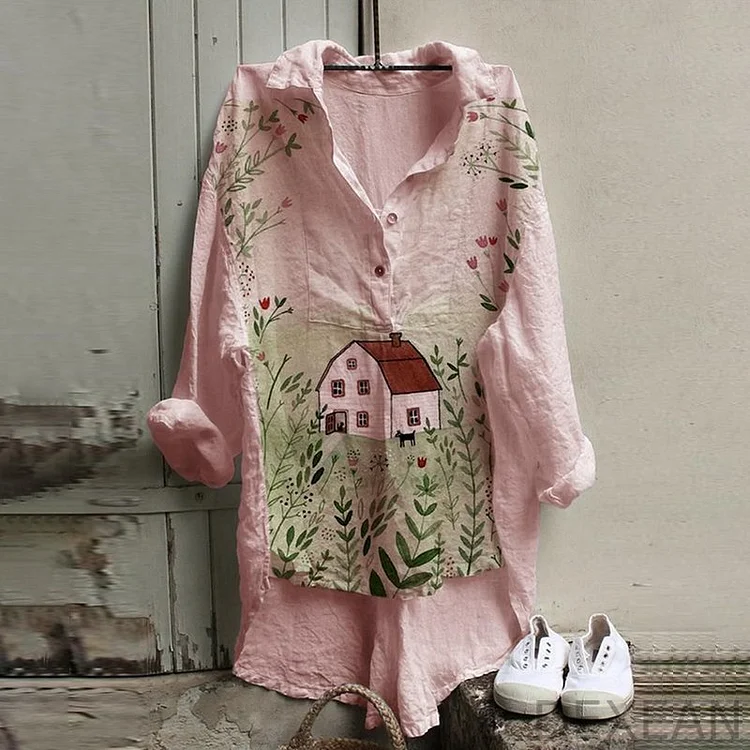 Flowers Print Casual Cozy Cotton Linen Shirt